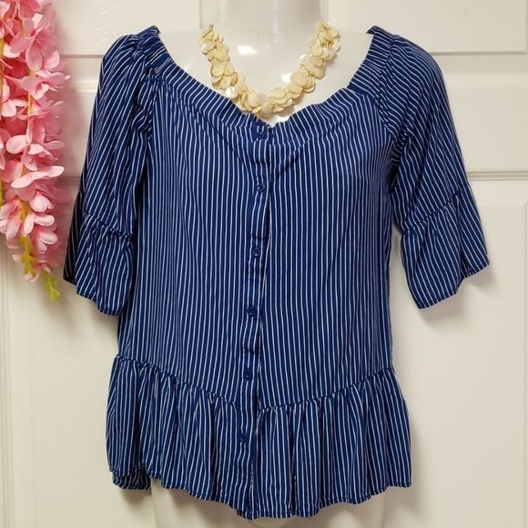 NWOT ๐๐Paper Crane Striped Blue BLOUSE ๐ TOP - Picture 3 of 11